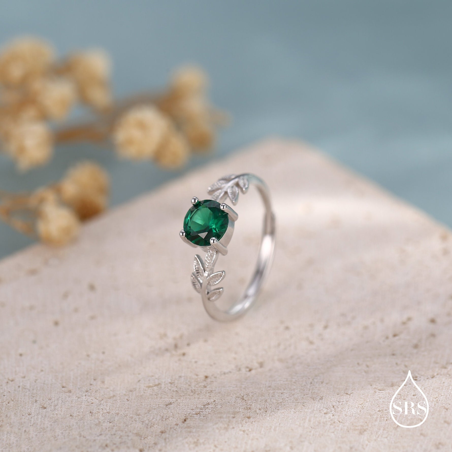 Emerald Green CZ and Leaf Single Stone Ring in Sterling Silver, Adjustable Size, Botanical Jewellery, Lab Created Zircon Ring