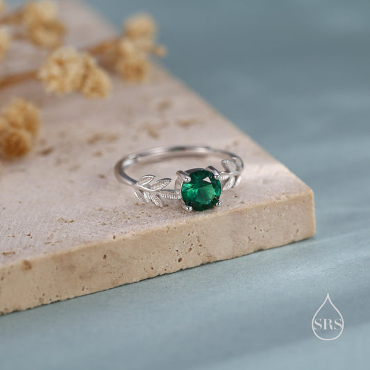 Emerald Green CZ and Leaf Single Stone Ring in Sterling Silver, Adjustable Size, Botanical Jewellery, Lab Created Zircon Ring