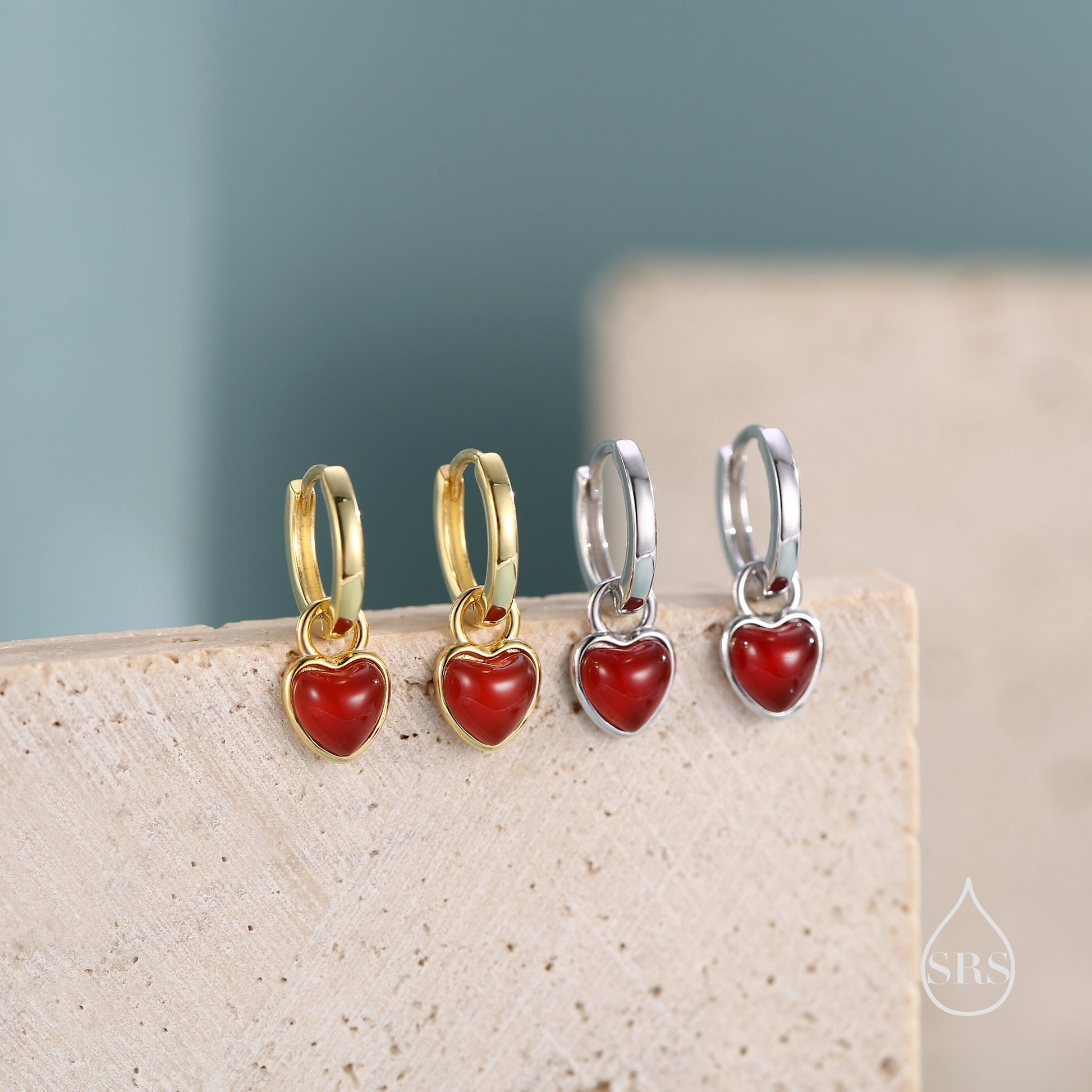 Natural Red Onyx Heart Dangle Huggie Hoop Earrings in Sterling Silver, Silver or Gold, Detachable Genuine Red Onyx Heart Charm Hoops