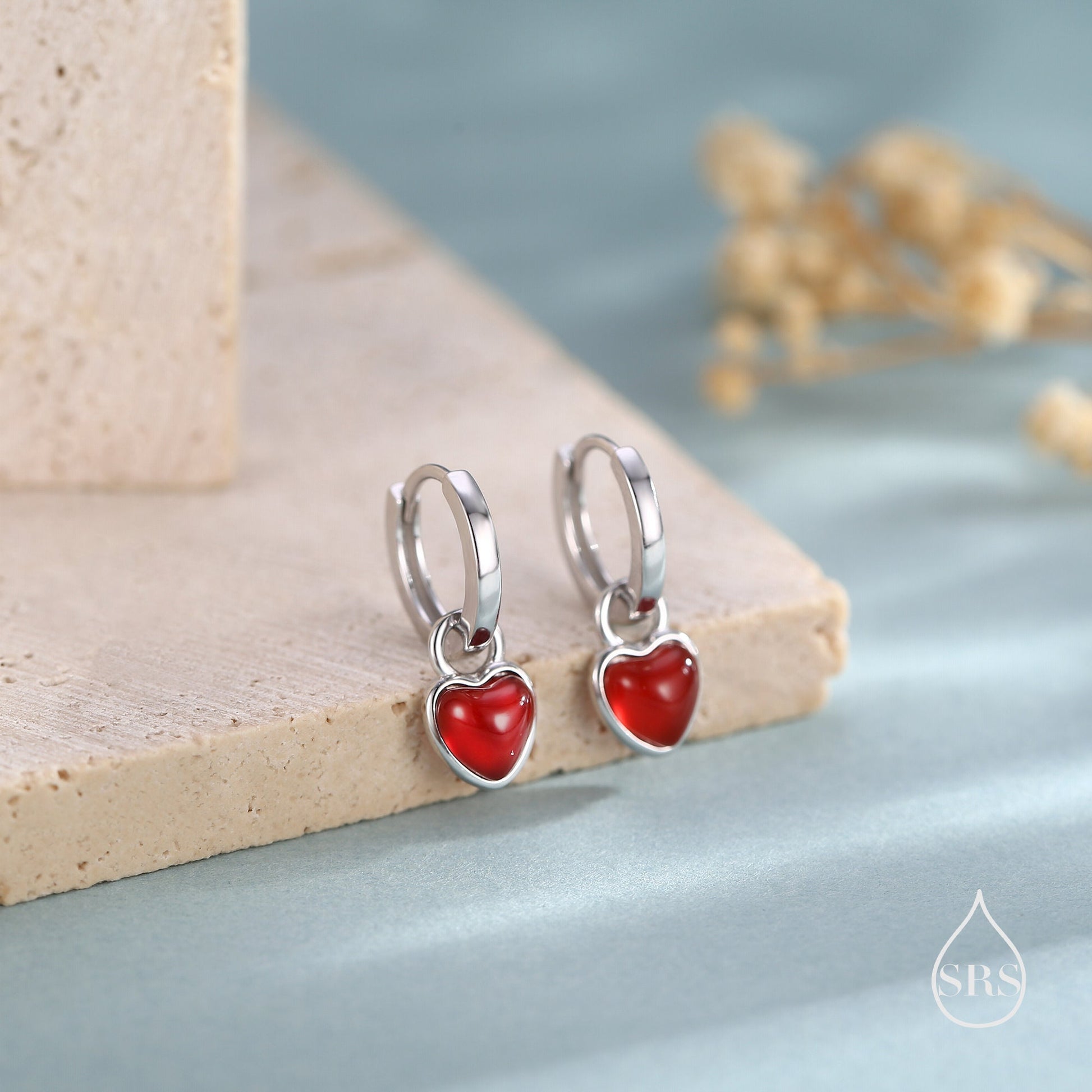 Natural Red Onyx Heart Dangle Huggie Hoop Earrings in Sterling Silver, Silver or Gold, Detachable Genuine Red Onyx Heart Charm Hoops