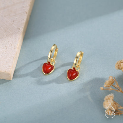 Natural Red Onyx Heart Dangle Huggie Hoop Earrings in Sterling Silver, Silver or Gold, Detachable Genuine Red Onyx Heart Charm Hoops