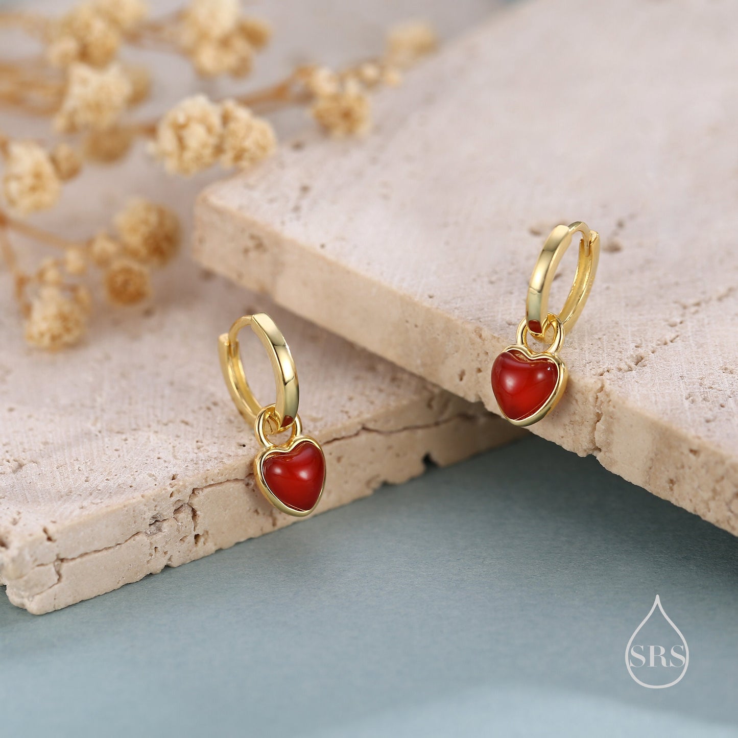 Natural Red Onyx Heart Dangle Huggie Hoop Earrings in Sterling Silver, Silver or Gold, Detachable Genuine Red Onyx Heart Charm Hoops