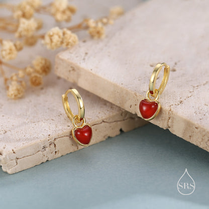 Natural Red Onyx Heart Dangle Huggie Hoop Earrings in Sterling Silver, Silver or Gold, Detachable Genuine Red Onyx Heart Charm Hoops