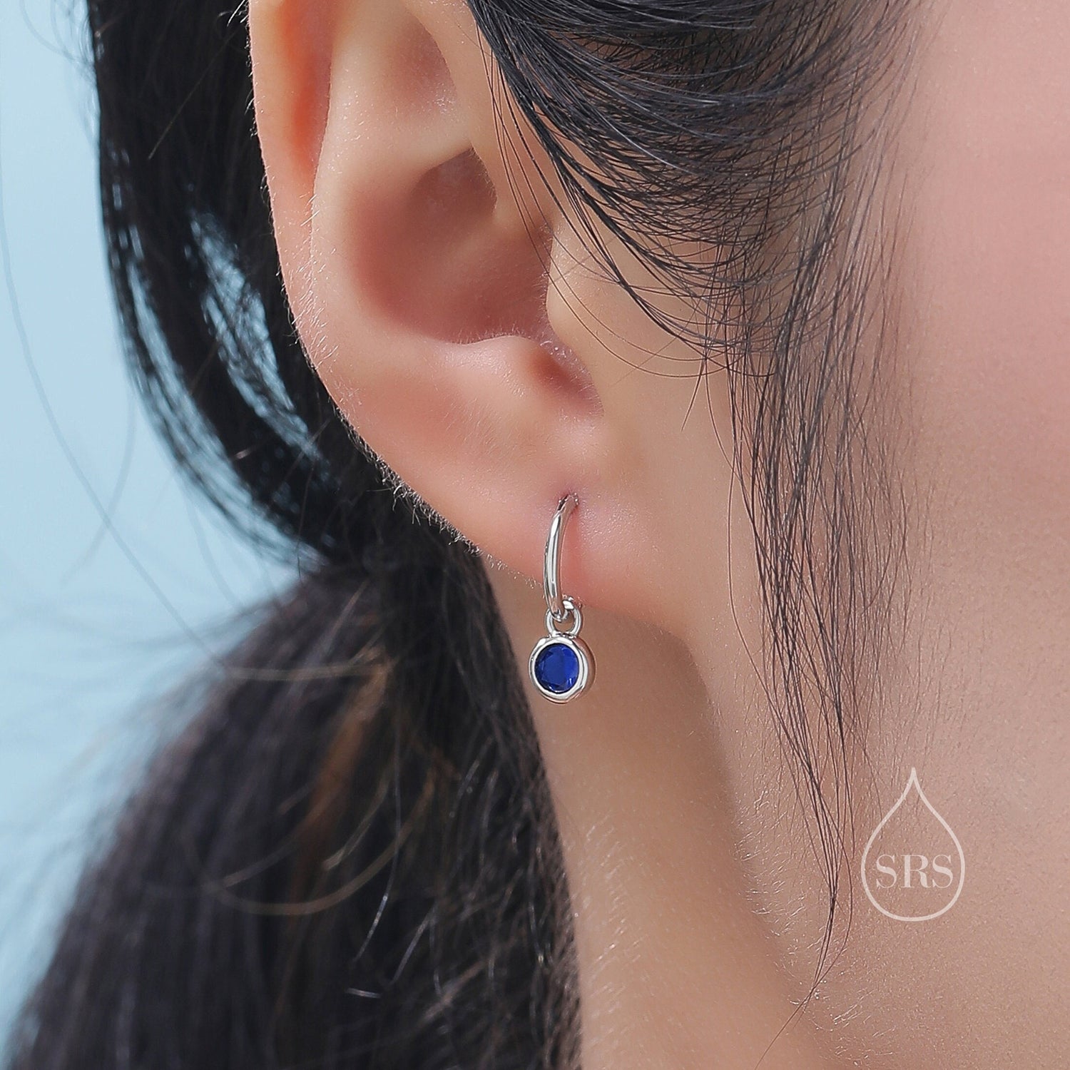 Sapphire Blue CZ Huggie Hoop Earrings in Sterling Silver with Sleeper Hoops, Detachable, Silver or Gold or Rose Gold,  CZ Skinny Hoops