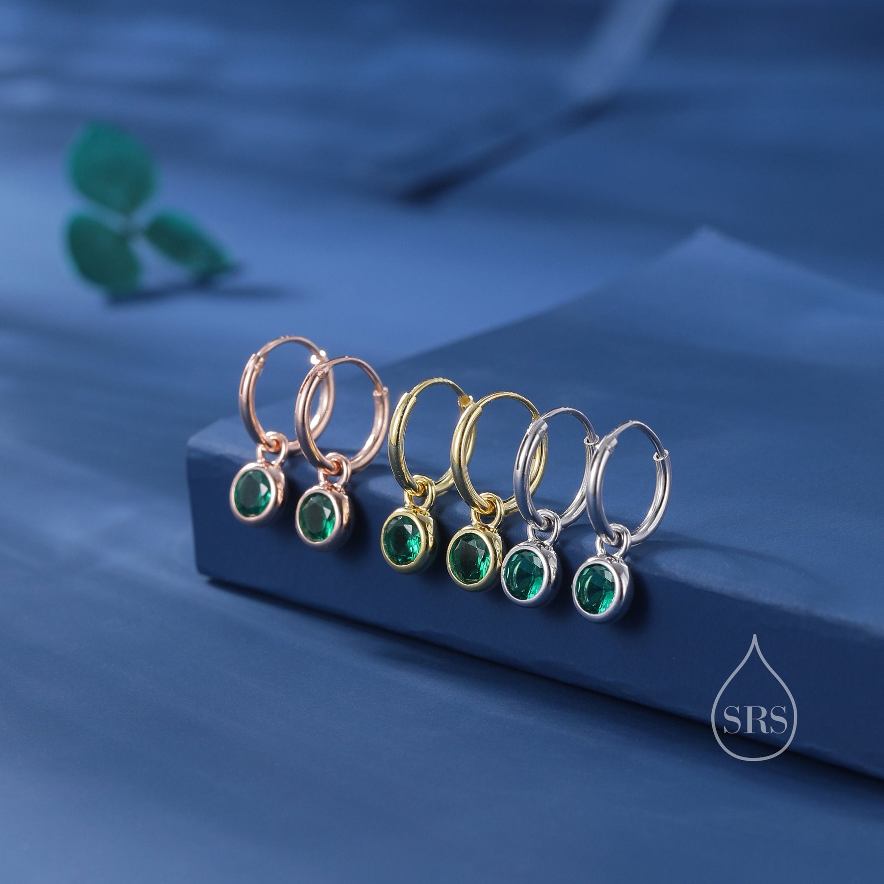 Emerald Green CZ Huggie Hoop Earrings in Sterling Silver with Sleeper Hoops, Detachable, Silver or Gold or Rose Gold, CZ Skinny Hoops