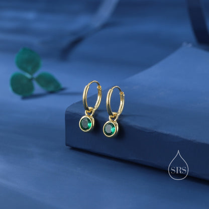 Emerald Green CZ Huggie Hoop Earrings in Sterling Silver with Sleeper Hoops, Detachable, Silver or Gold or Rose Gold,  CZ Skinny Hoops