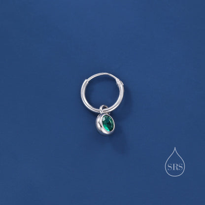 Emerald Green CZ Huggie Hoop Earrings in Sterling Silver with Sleeper Hoops, Detachable, Silver or Gold or Rose Gold,  CZ Skinny Hoops