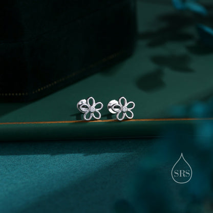 Forget me not Internally Threaded Flat Back/ Screw Back /Stud Earrings in Sterling Silver, Flower Barbell Earrings, Daisy Screw Back Earring