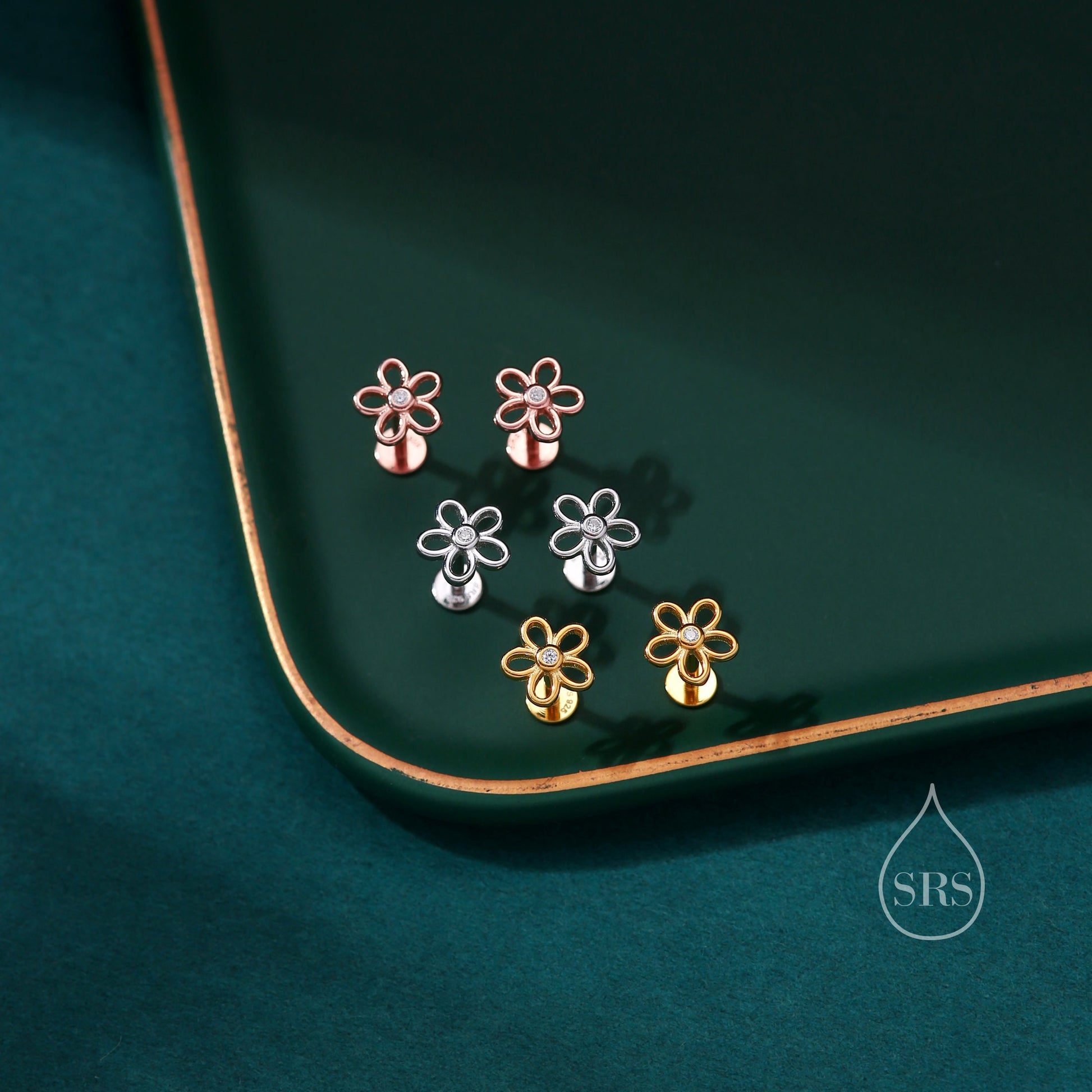 Forget me not Internally Threaded Flat Back/ Screw Back /Stud Earrings in Sterling Silver, Flower Barbell Earrings, Daisy Screw Back Earring