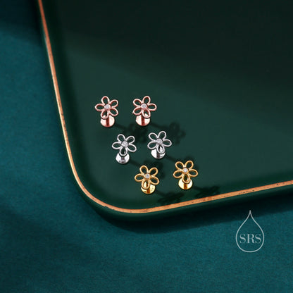 Forget me not Internally Threaded Flat Back/ Screw Back /Stud Earrings in Sterling Silver, Flower Barbell Earrings, Daisy Screw Back Earring