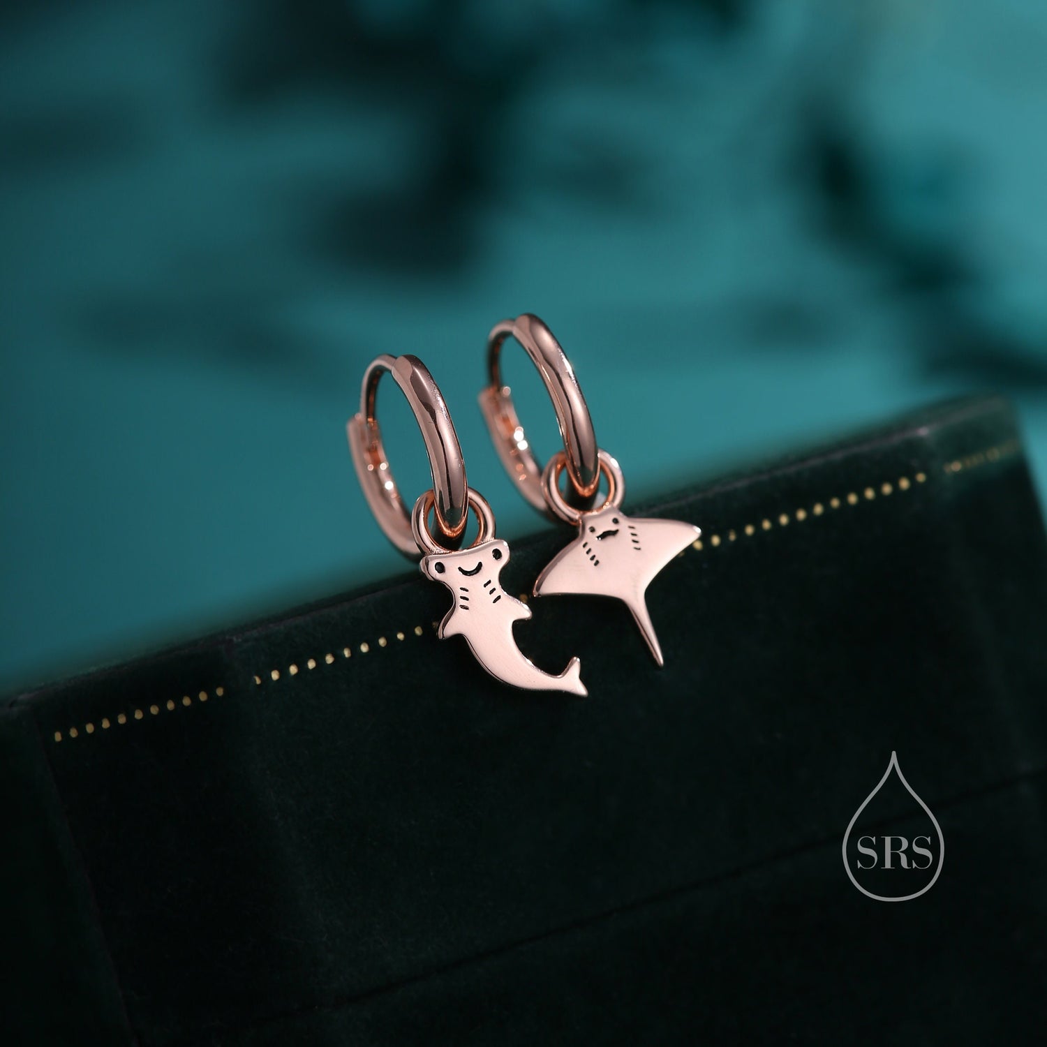 Mismatched Kawaii Hammerhead Shark and Manta Ray Huggie Hoop Earrings in Sterling Silver, Gold or Rose Gold,  Asymmetric and Detachable