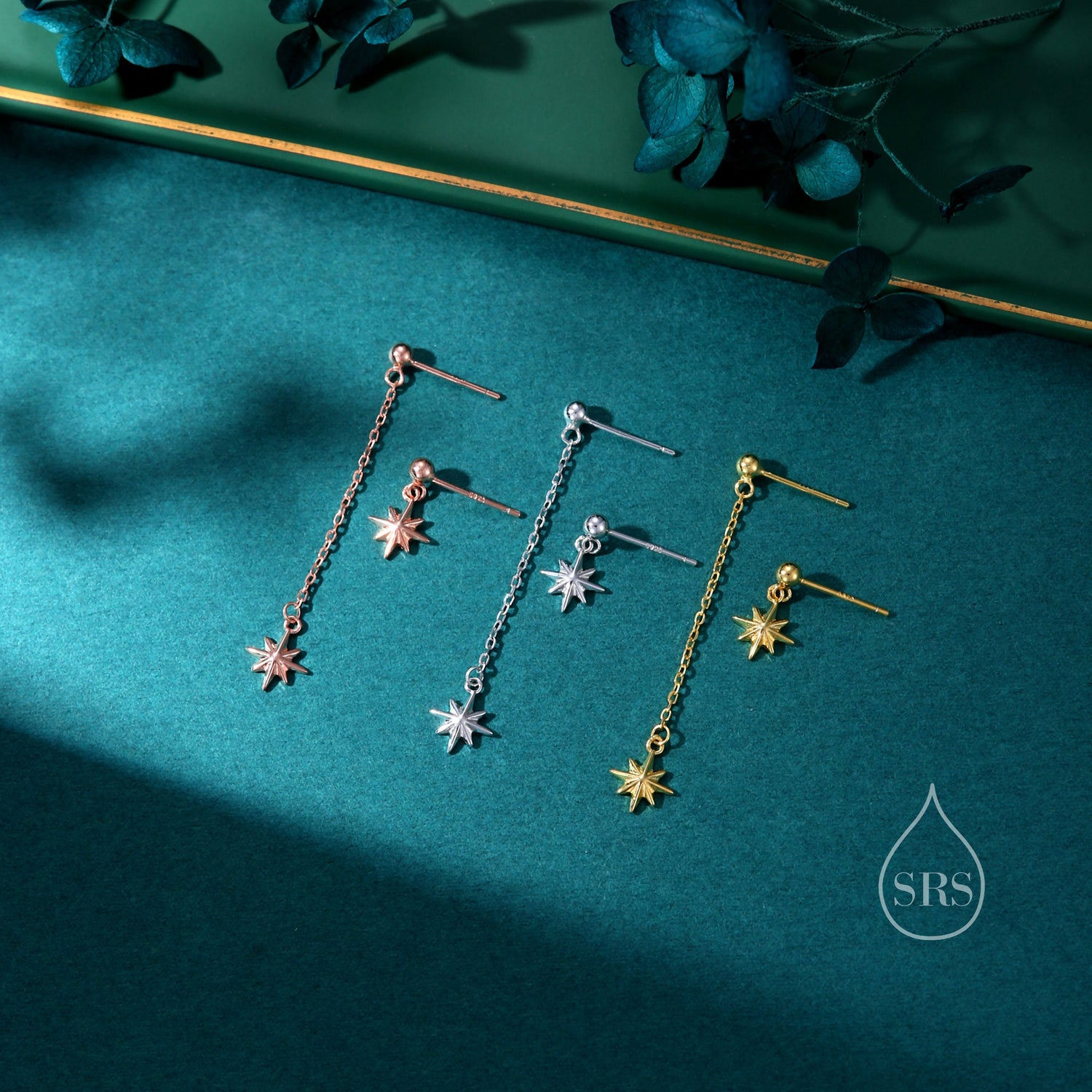Asymmetric Sterling Silver Starburst Drop Stud Earrings, Silver, Gold or Rose Gold, North Star Earrings, Sunburst Earrings