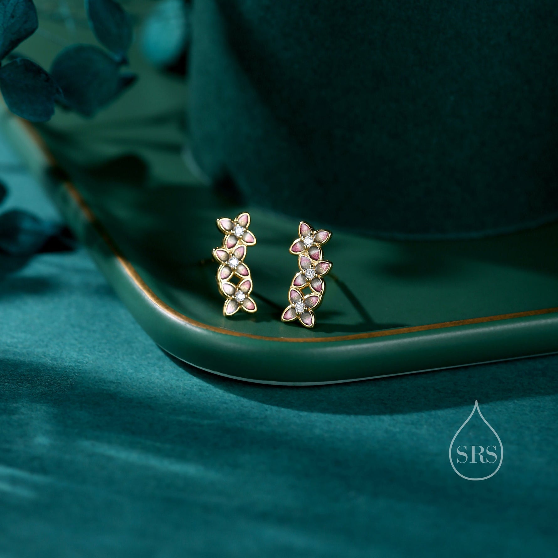 Hand Painted Enamel Hydrangea Flower Bouquet Stud Earrings in Sterling Silver, Available in Three Colours, Enamel Flower Earrings