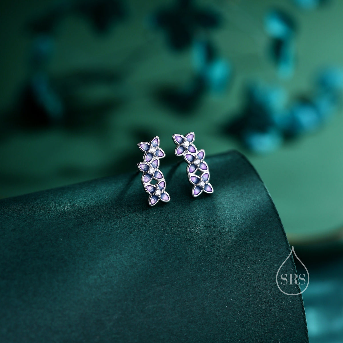 Hand Painted Enamel Hydrangea Flower Bouquet Stud Earrings in Sterling Silver, Available in Three Colours, Enamel Flower Earrings