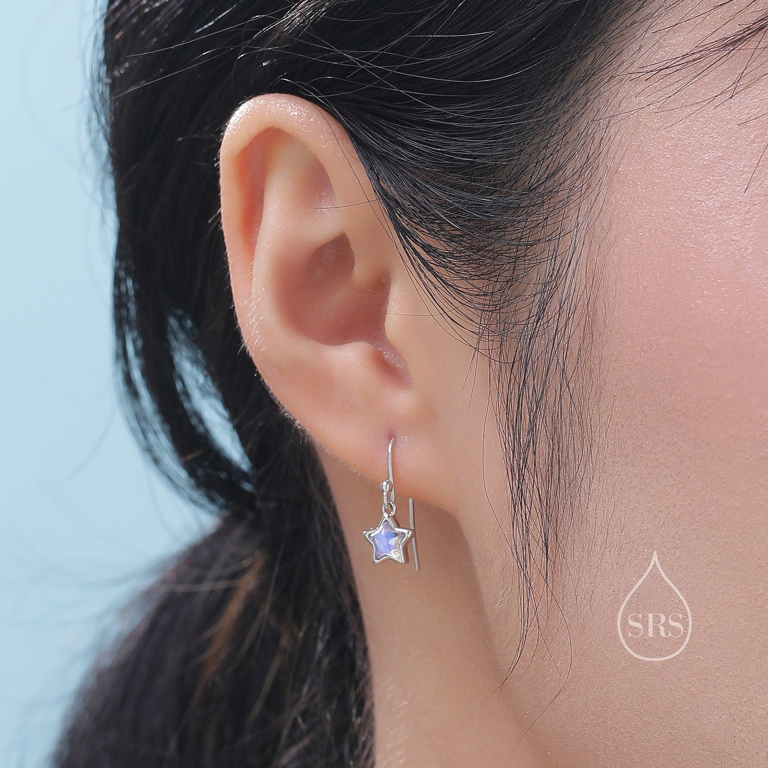 Moonstone Star Dangle Stud Earrings in Sterling Silver, Simulated Moonstone Star Earrings, Silver or Gold, Sunburst Earrings, Celestial