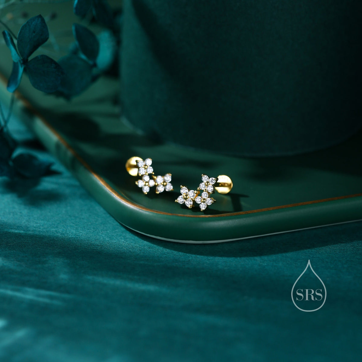 CZ Hydrangea Bouquet Internally Threaded Flat Back/ Screw Back/ Stud Earrings in Sterling Silver, Silver, Gold or Rose Gold, Flower Earrings