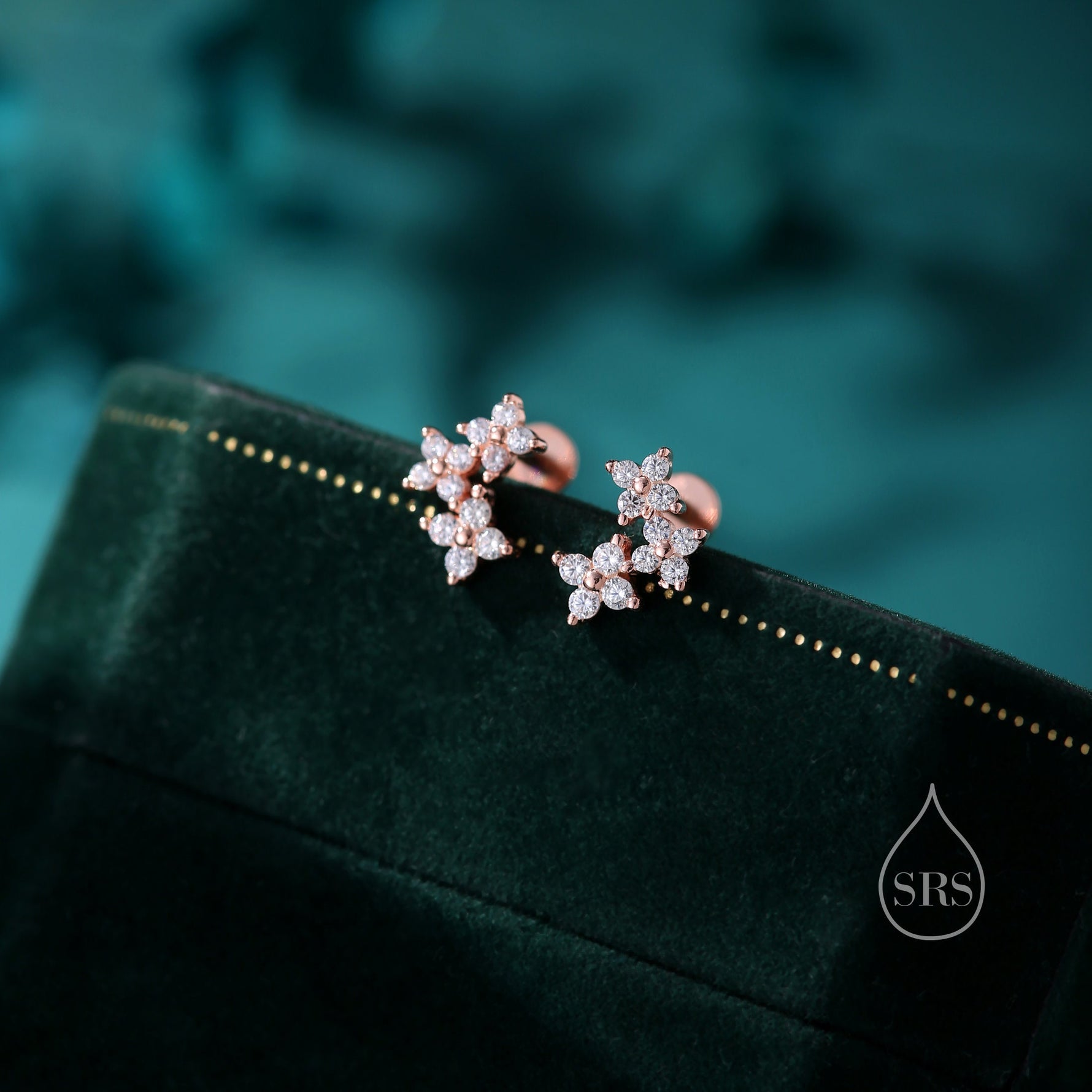 CZ Hydrangea Bouquet Internally Threaded Flat Back/ Screw Back/ Stud Earrings in Sterling Silver, Silver, Gold or Rose Gold, Flower Earrings