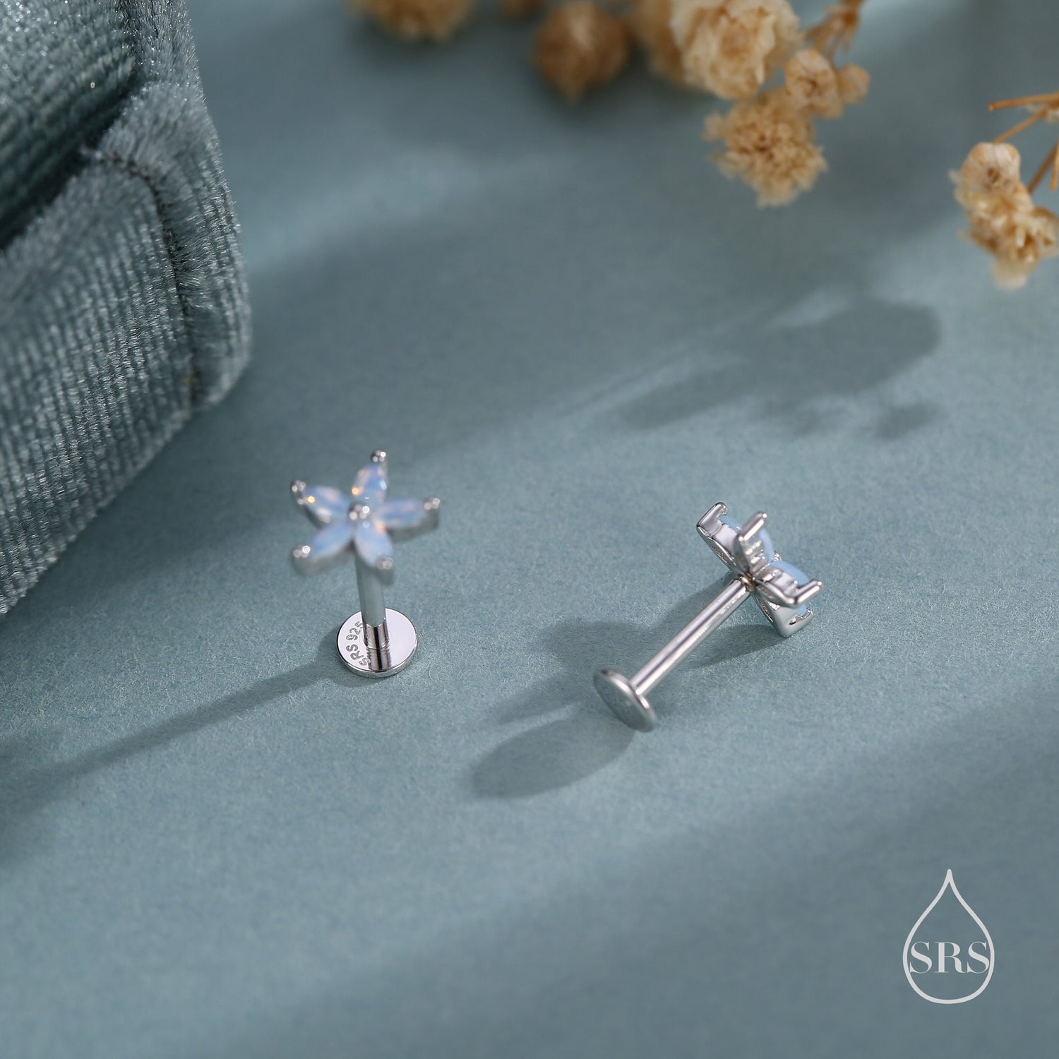 Opal Blue CZ Flower 16G Internally Threaded Flat Back Earrings in Sterling Silver