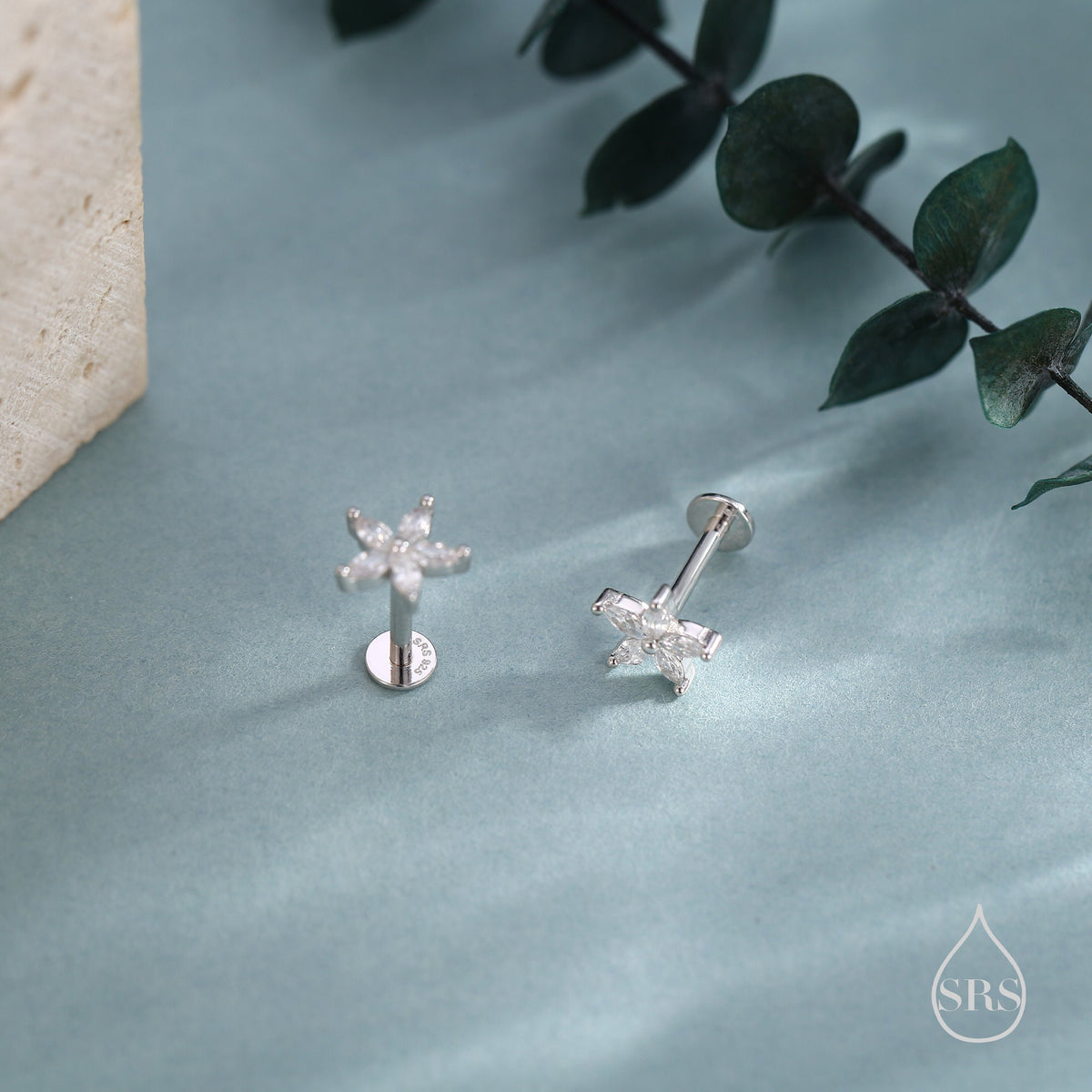Sterling Silver CZ Flower 16G Internally Threaded Flat Back Earrings