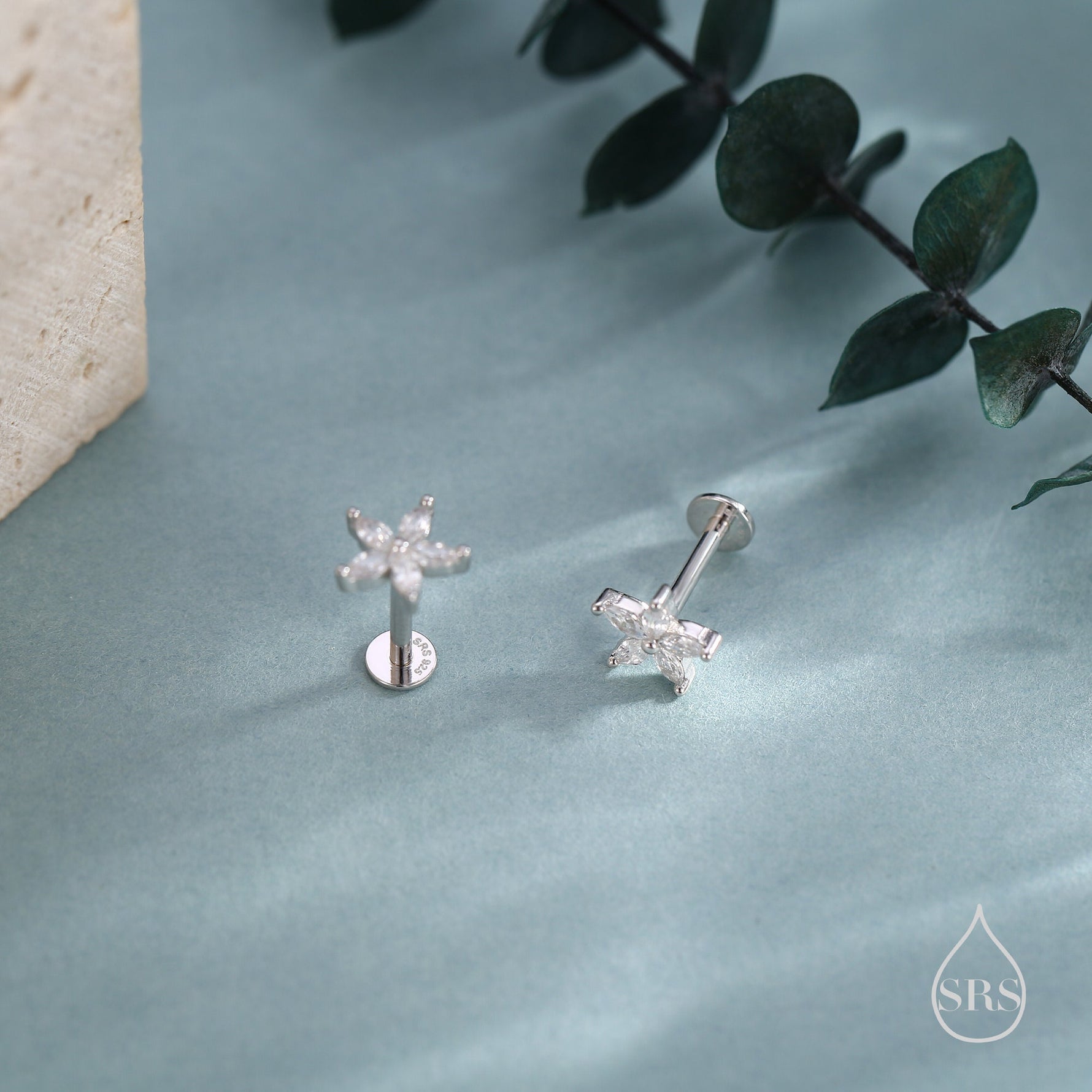 Sterling Silver CZ Flower 16G Internally Threaded Flat Back Earrings