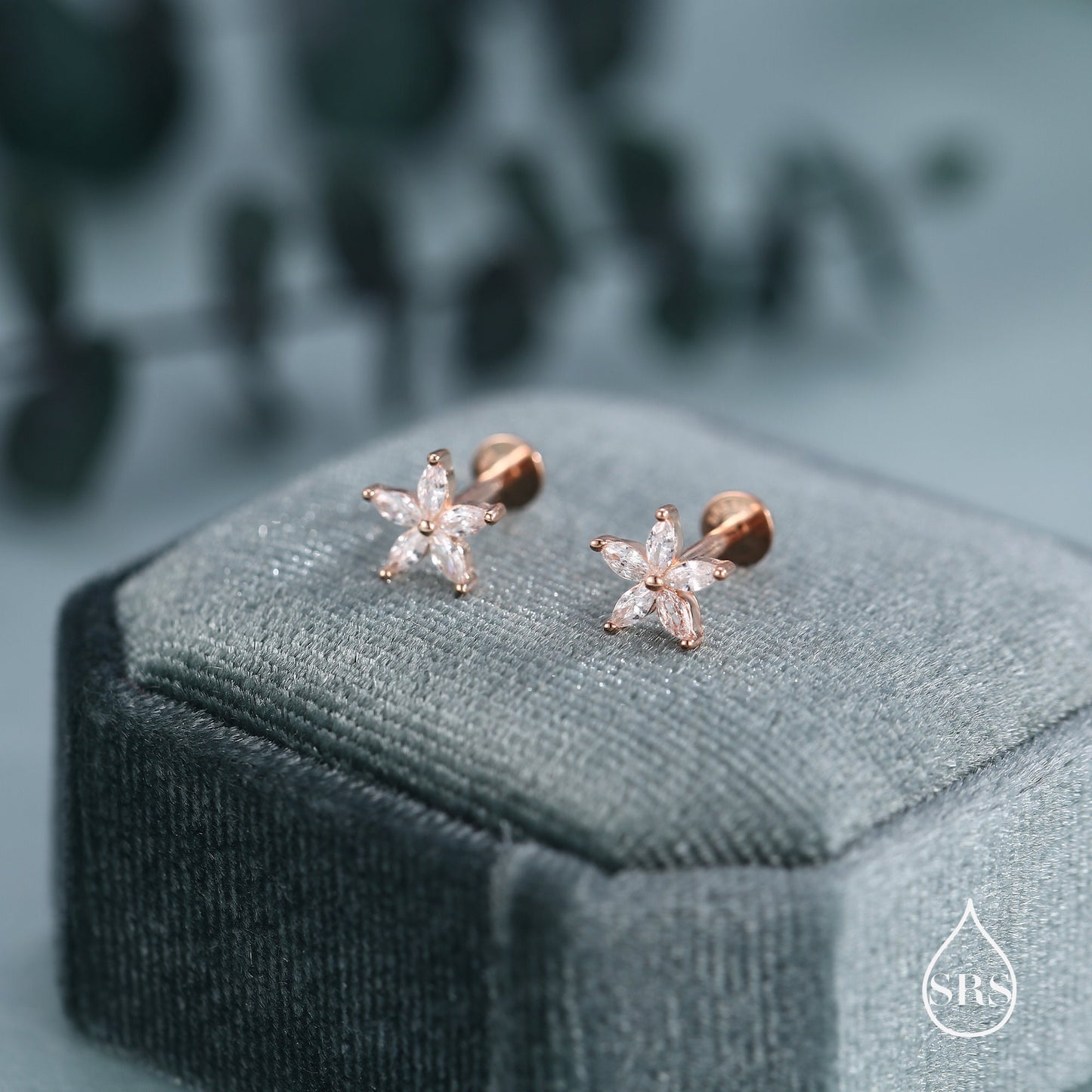 Sterling Silver CZ Flower Internally Threaded Flat Back /Screw Back Earrings,  Gold or Silver or Rose Gold, Marquise CZ Screw Back Earrings