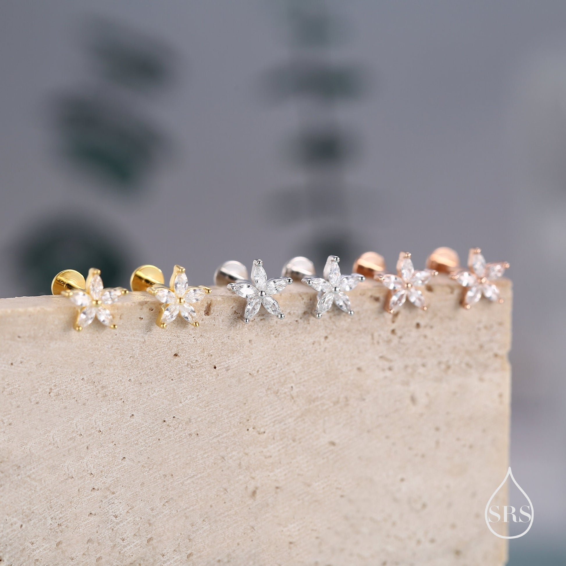 Sterling Silver CZ Flower Internally Threaded Flat Back /Screw Back Earrings, Gold or Silver or Rose Gold, Marquise CZ Screw Back Earrings