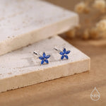 Blue CZ Flower Internally Threaded Flat Back Earrings in Sterling Silver