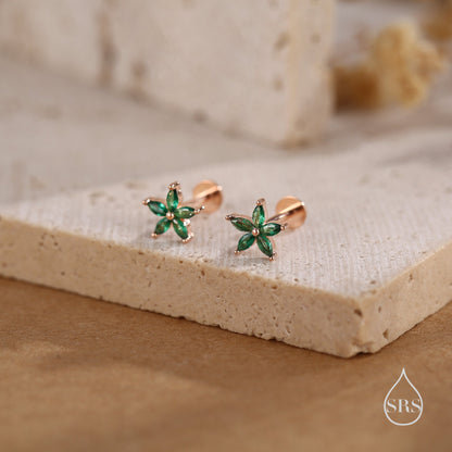 Emerald Green CZ Flower Internally Threaded Flat Back Earrings/ Screw Back Earrings in Sterling Silver,