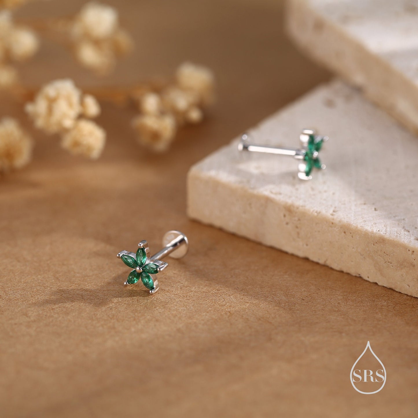 Emerald Green CZ Flower Internally Threaded Flat Back Earrings/ Screw Back Earrings in Sterling Silver,