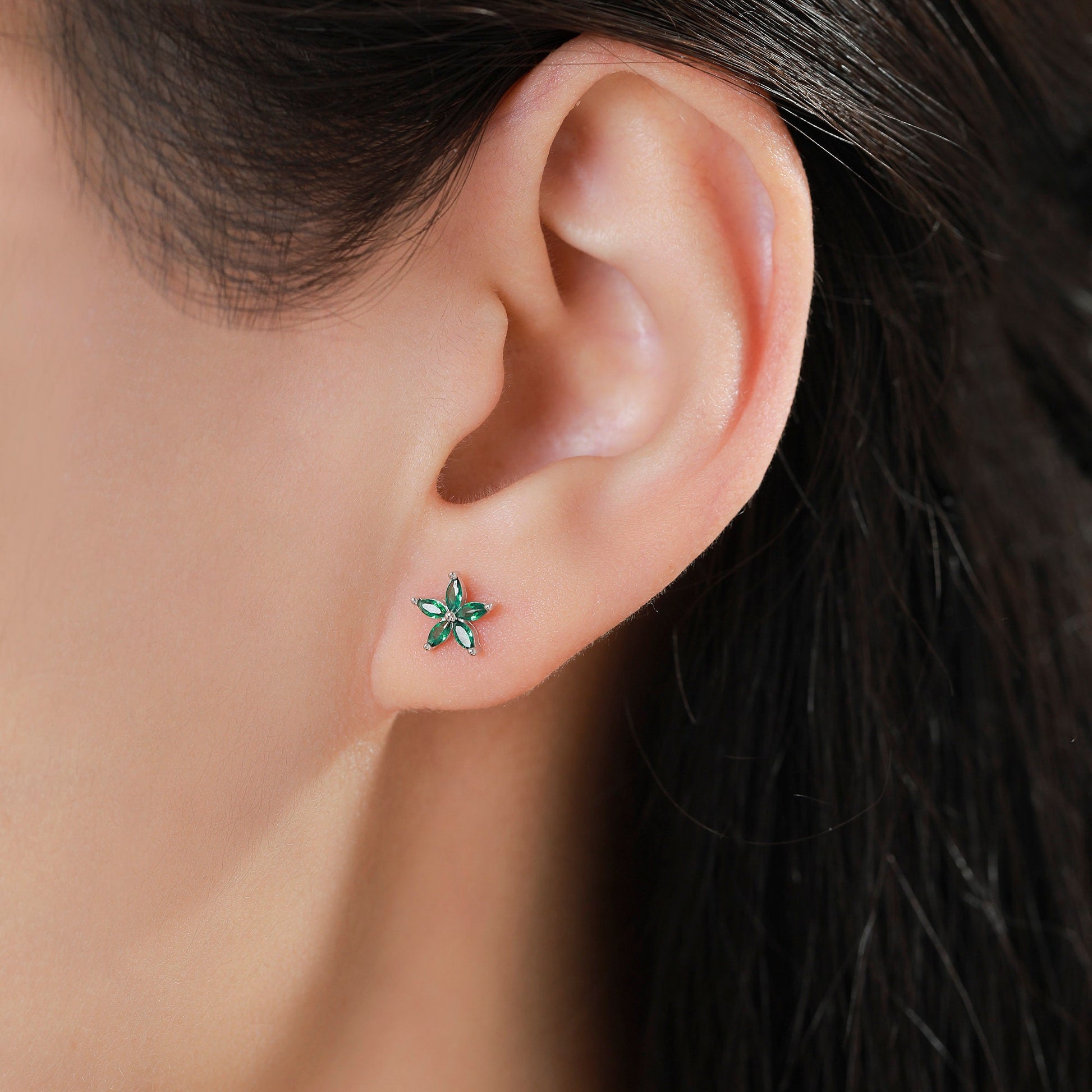 Sterling Silver Emerald Green CZ Flower Barbell Earrings, Gold or Silver, Marquise CZ Screw Back Earrings, Stacking Earrings