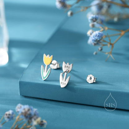 Enamel Tulip Flower Stud Earrings in Sterling Silver, Available in Three Colours, Flower Earrings, Tulip Earrings