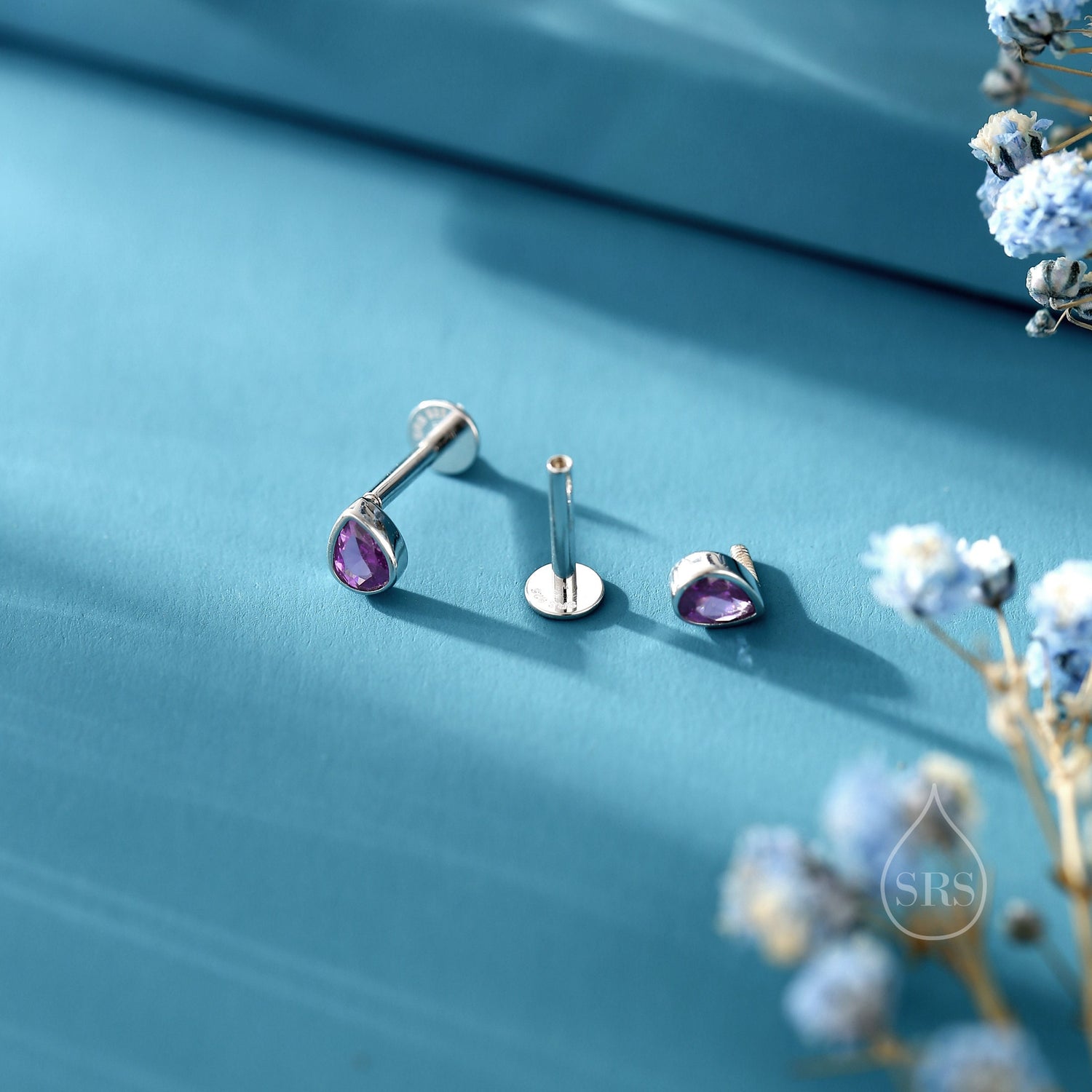 Purple CZ Droplet 16G Internally Threaded Flat Back Earrings in Sterling Silver