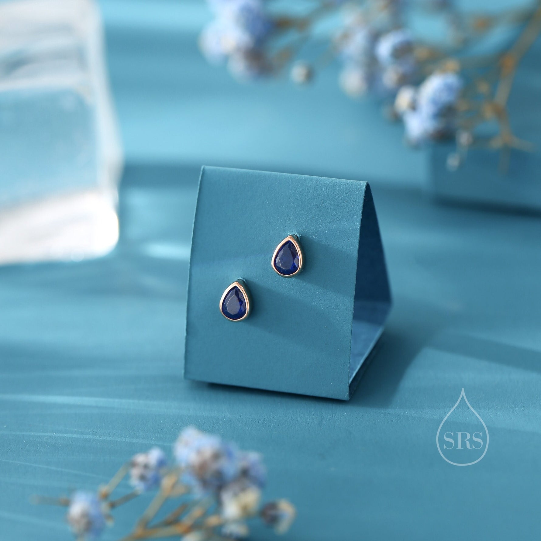 Sapphire Blue CZ Droplet 16G Internally Threaded Flat Back Earrings in Sterling Silver