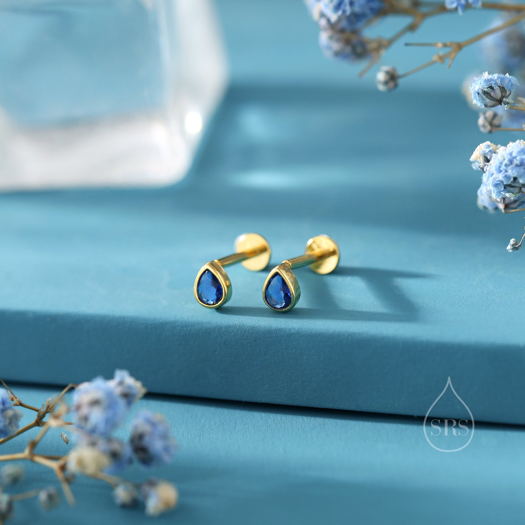 Sapphire Blue CZ Droplet 16G Internally Threaded Flat Back Earrings in Sterling Silver