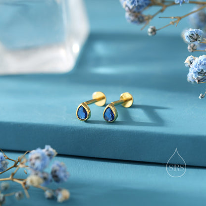 Sapphire Blue CZ Droplet Internally Threaded Flat Back/ Screw Back / Stud Earrings in Sterling Silver, Silver or Gold or Rose Gold,