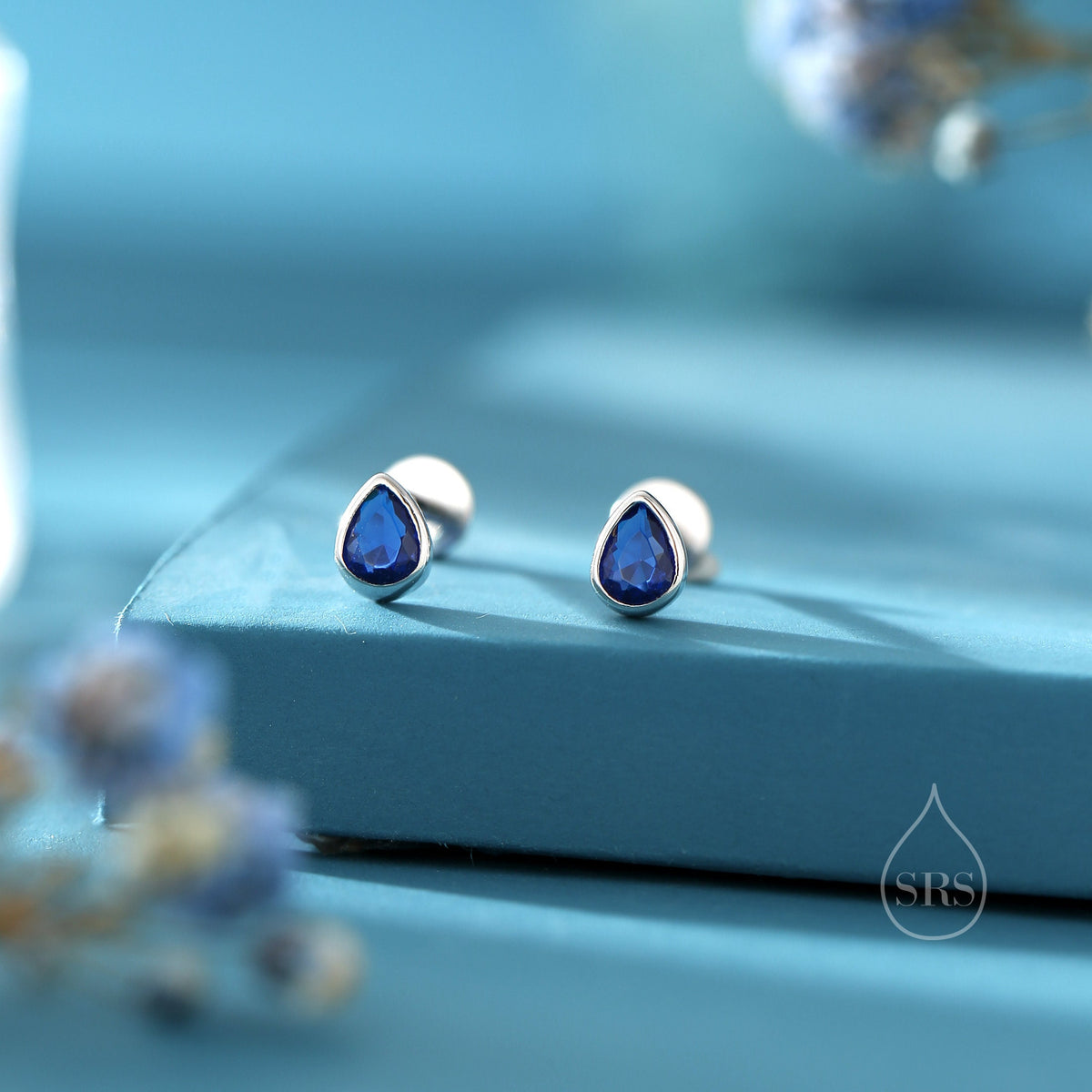 Sapphire Blue CZ Droplet 16G Internally Threaded Flat Back Earrings in Sterling Silver