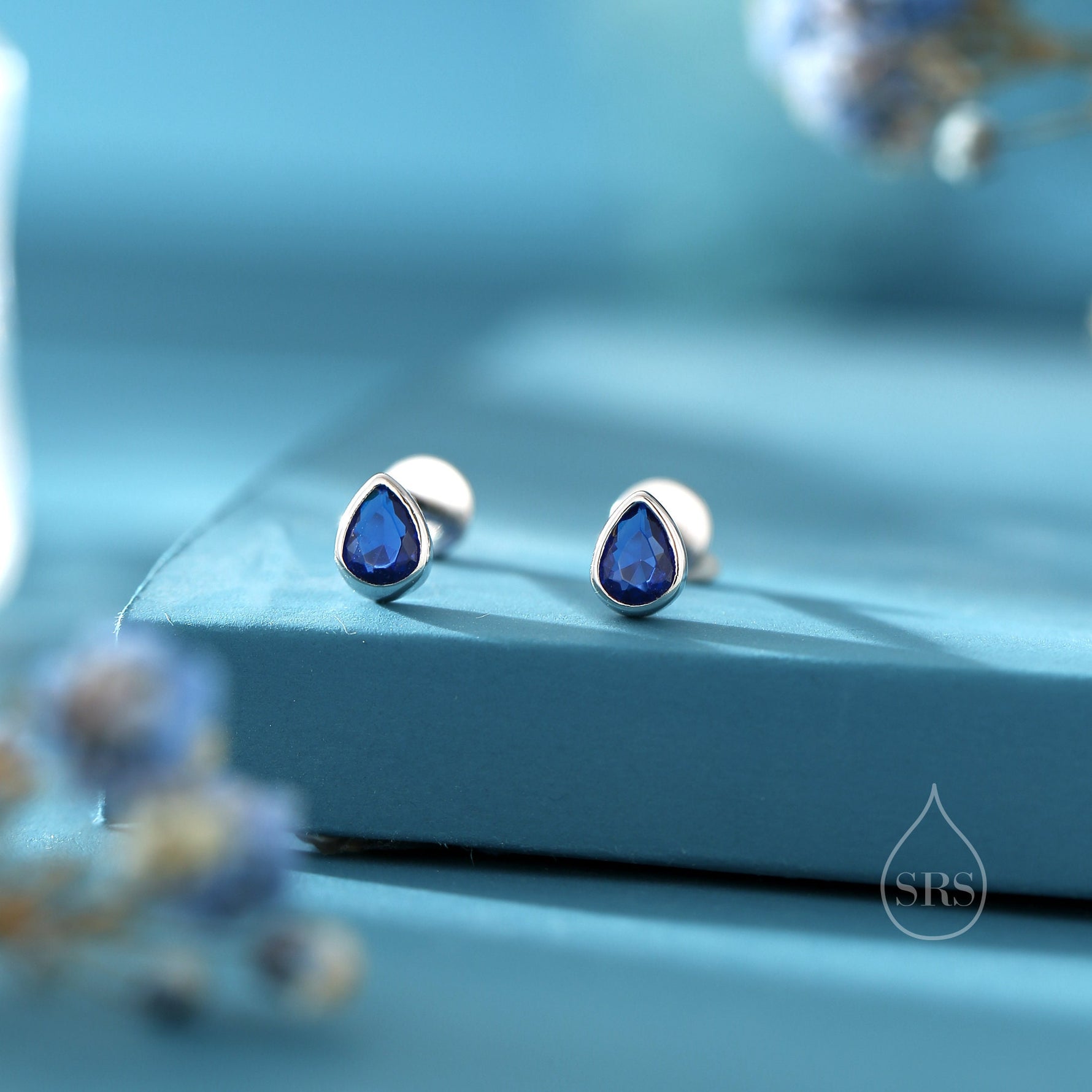 Sapphire Blue CZ Droplet 16G Internally Threaded Flat Back Earrings in Sterling Silver