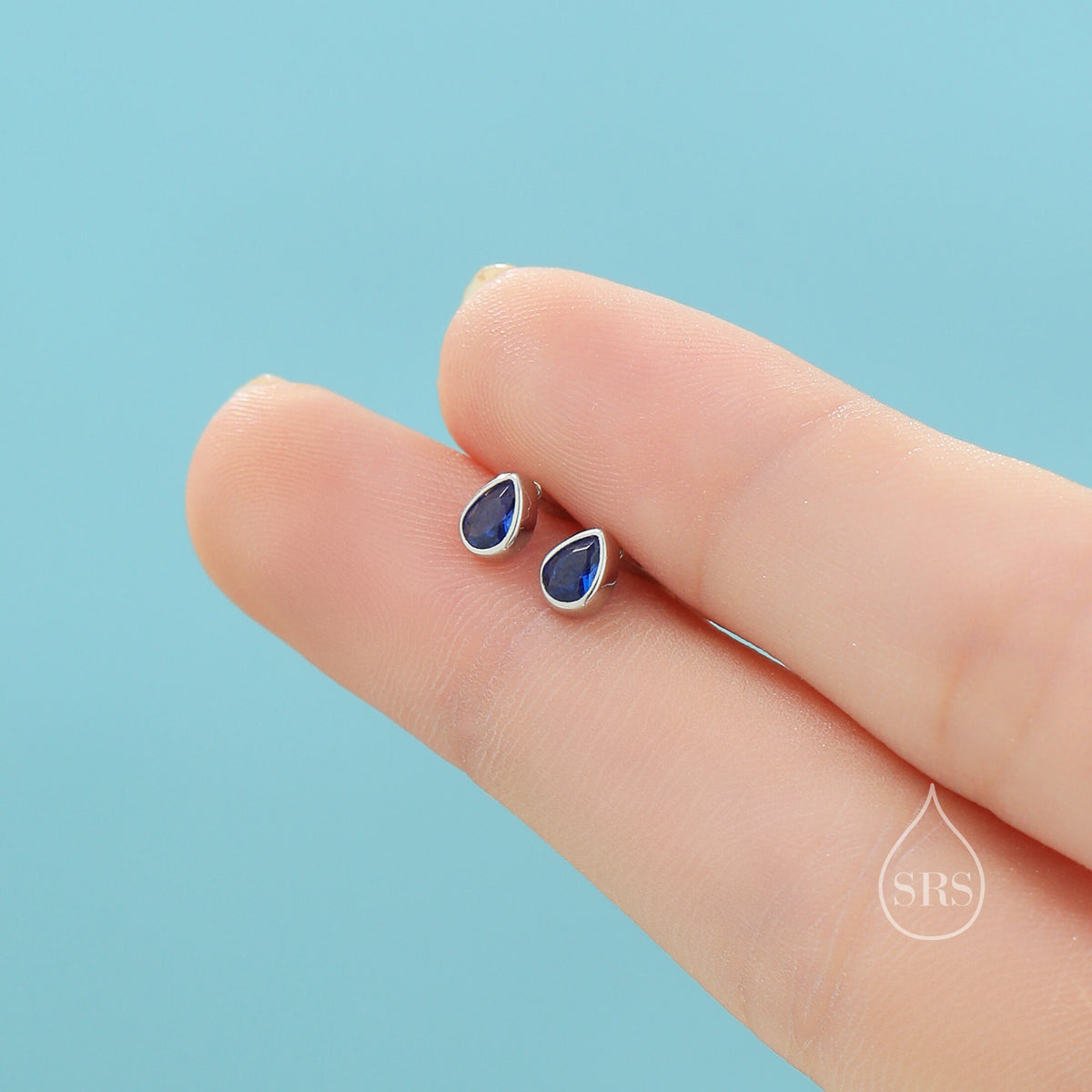 Sapphire Blue CZ Droplet 16G Internally Threaded Flat Back Earrings in Sterling Silver