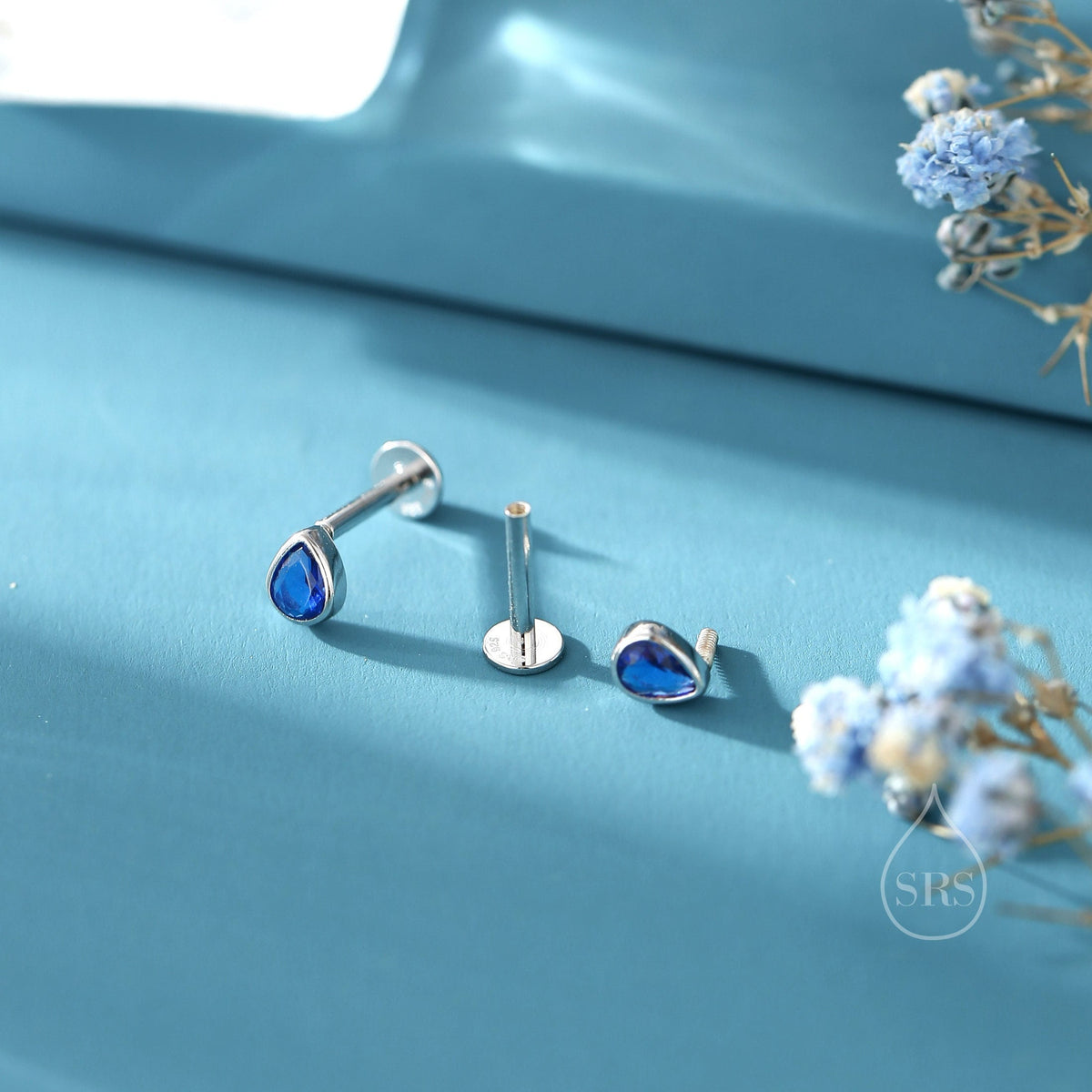 Sapphire Blue CZ Droplet 16G Internally Threaded Flat Back Earrings in Sterling Silver