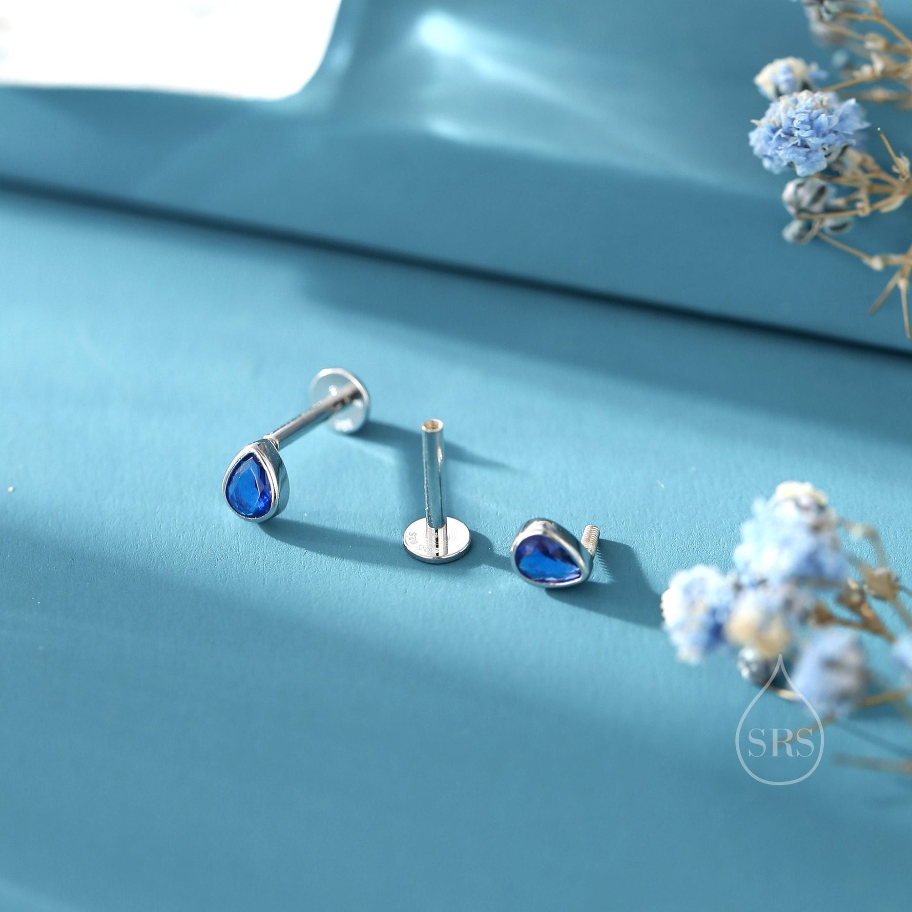 Sapphire Blue CZ Droplet 16G Internally Threaded Flat Back Earrings in Sterling Silver