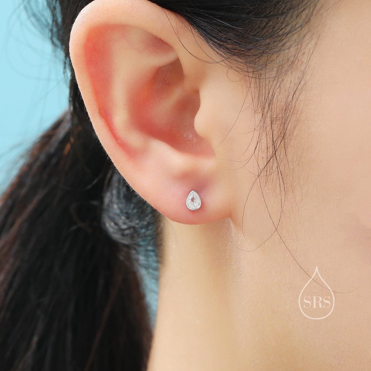 Tiny CZ Droplet 16G Internally Threaded Flat Back Earrings in Sterling Silver