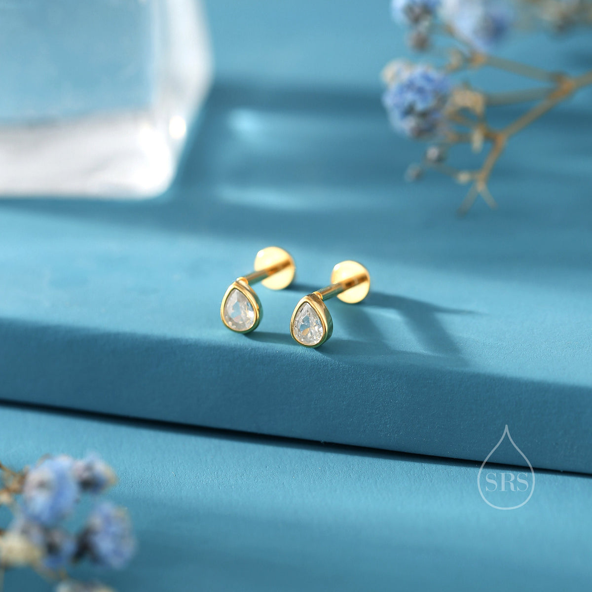 Tiny CZ Droplet 16G Internally Threaded Flat Back Earrings in Sterling Silver