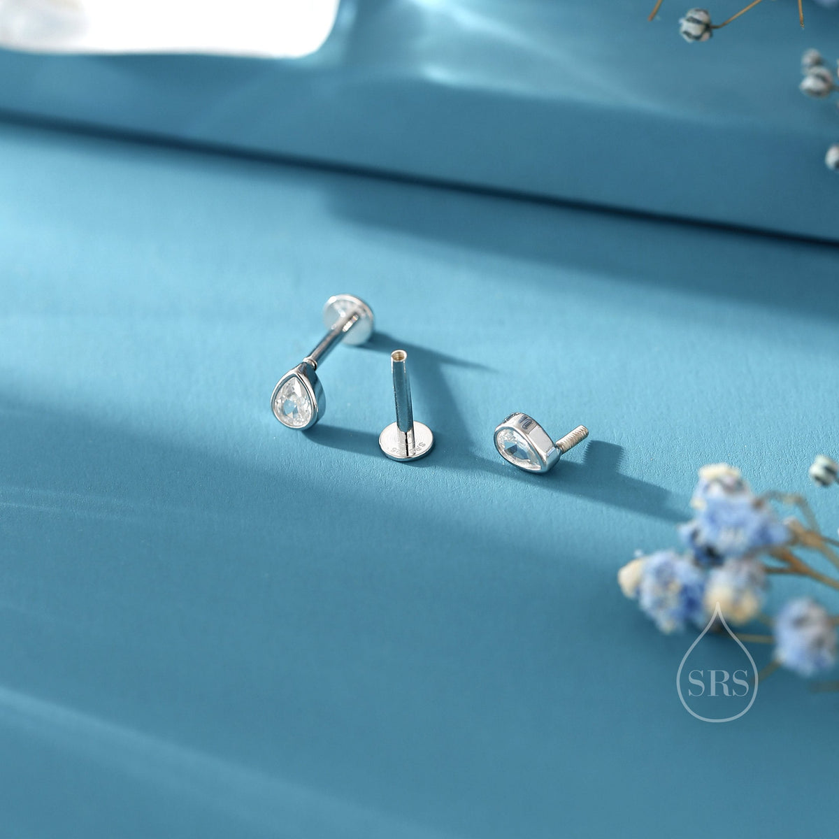 Tiny CZ Droplet 16G Internally Threaded Flat Back Earrings in Sterling Silver