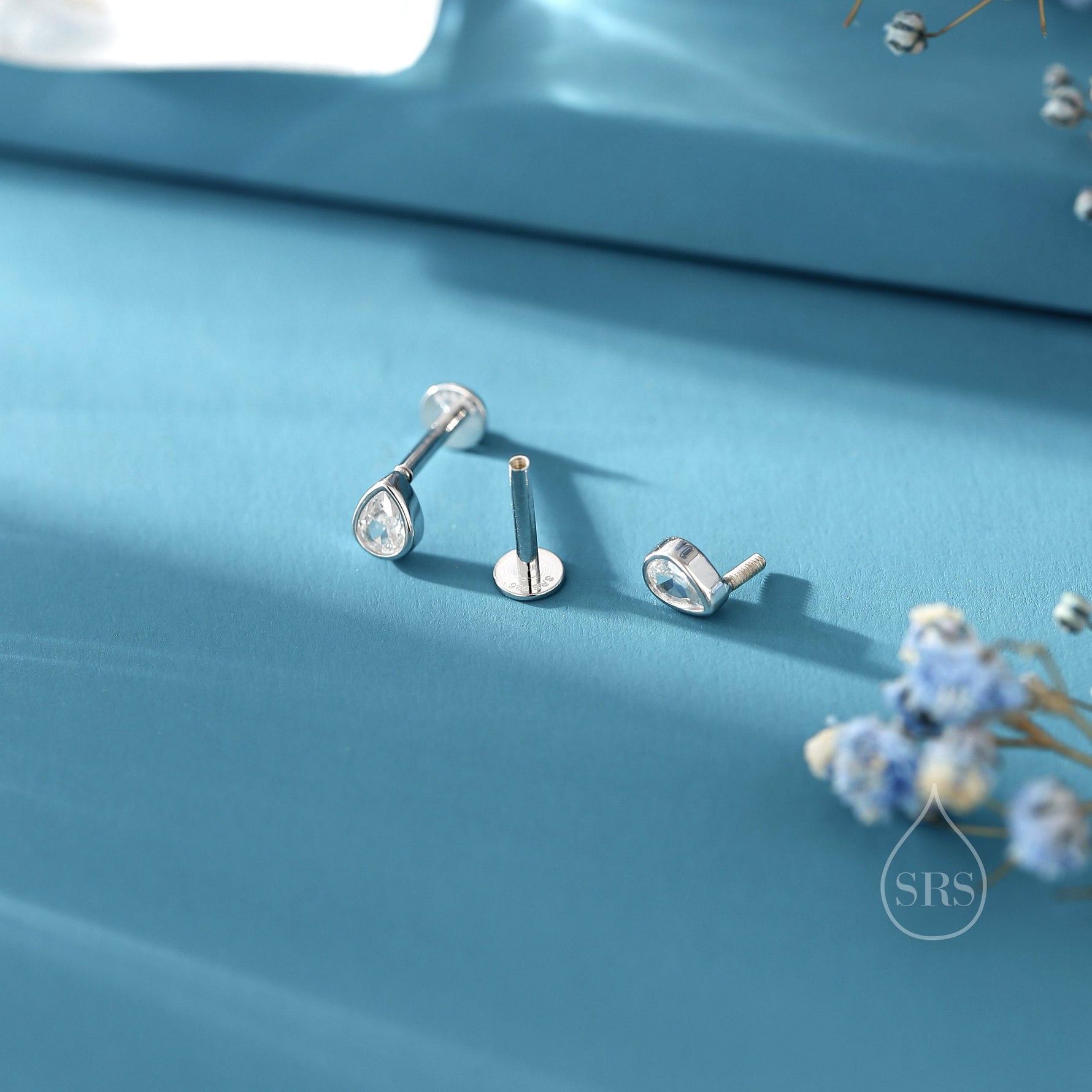 Tiny CZ Droplet 16G Internally Threaded Flat Back Earrings in Sterling Silver