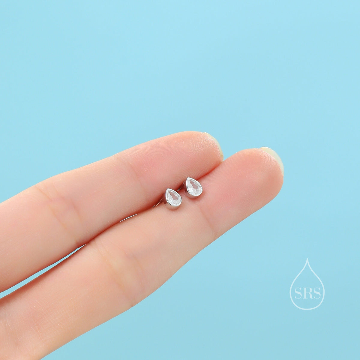 Tiny CZ Droplet 16G Internally Threaded Flat Back Earrings in Sterling Silver