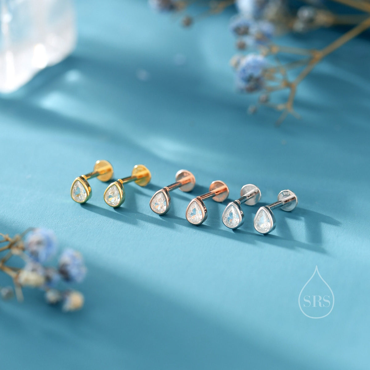 Tiny CZ Droplet 16G Internally Threaded Flat Back Earrings in Sterling Silver