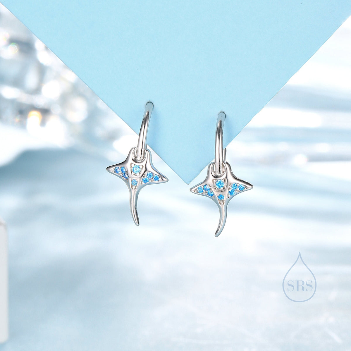 Sterling Silver Manta Ray Fish Drop Hook Earrings with Blue CZ, Stingray Dangle Hoop Earrings, Dainty Fish Dangle Earrings