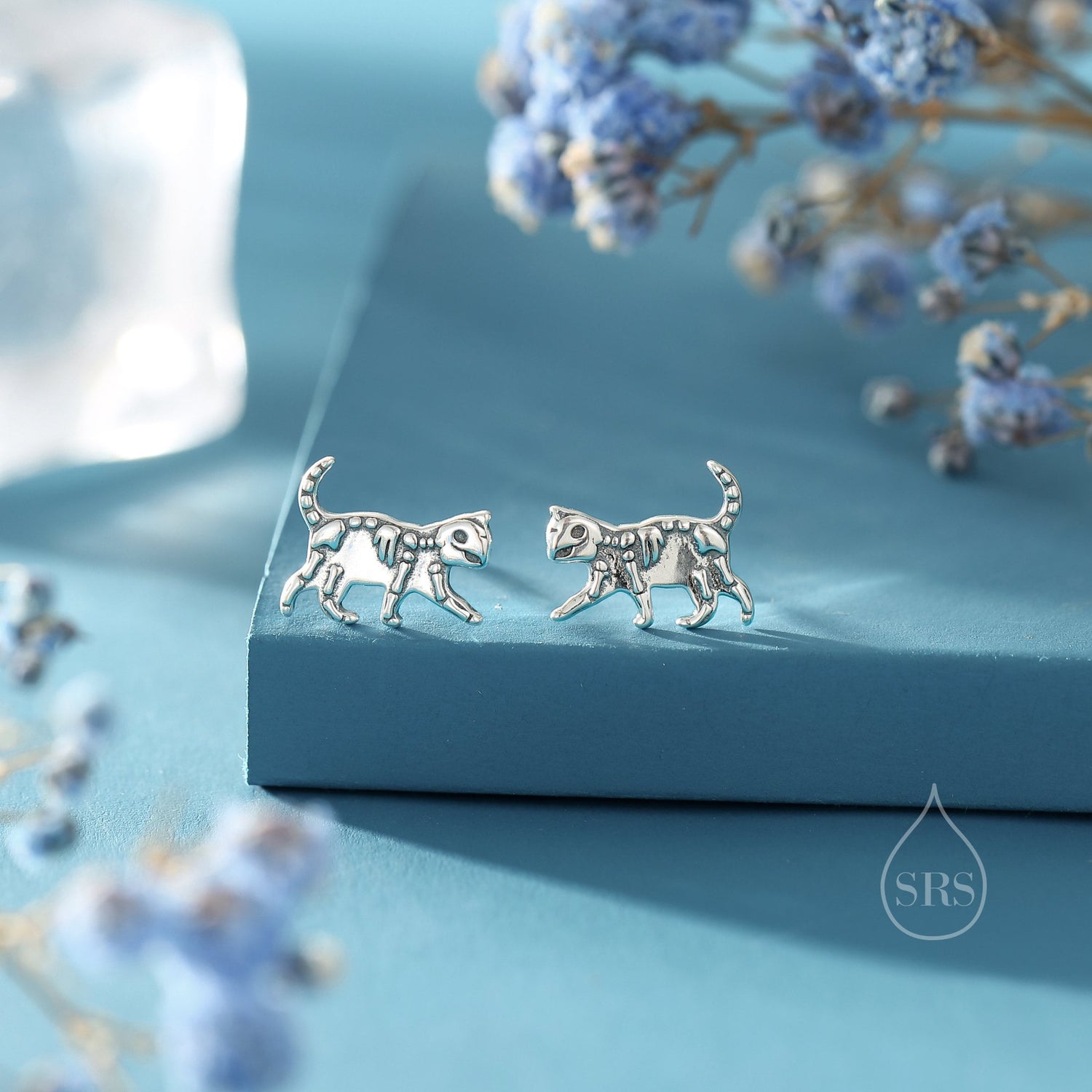 Cat Skeleton Stud Earrings in Sterling Silver, Quirky Cat Skeleton Earrings, Dainty and Tiny Earrings, Gift for a Cat Lover