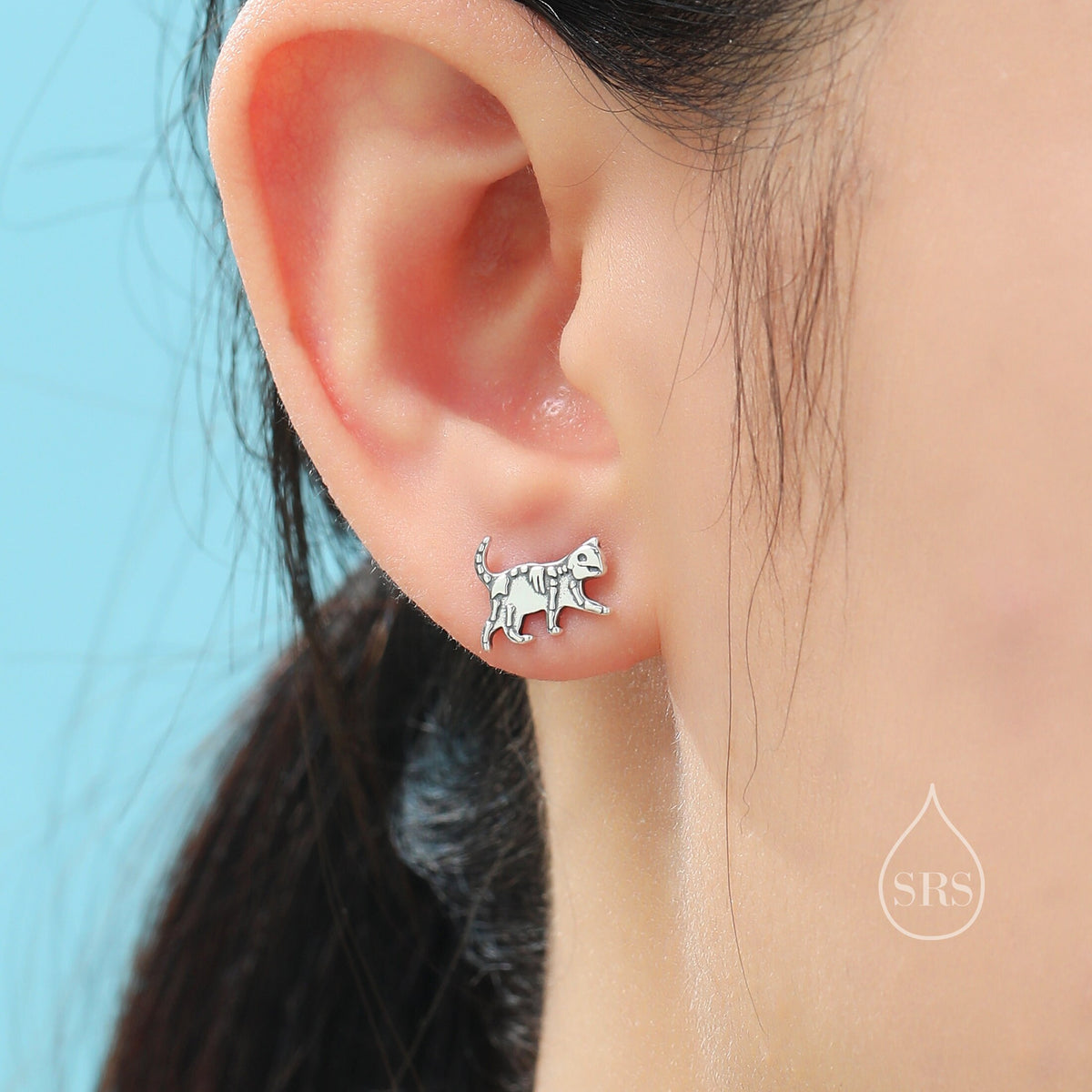 Oxidised Cat Skeleton Stud Earrings