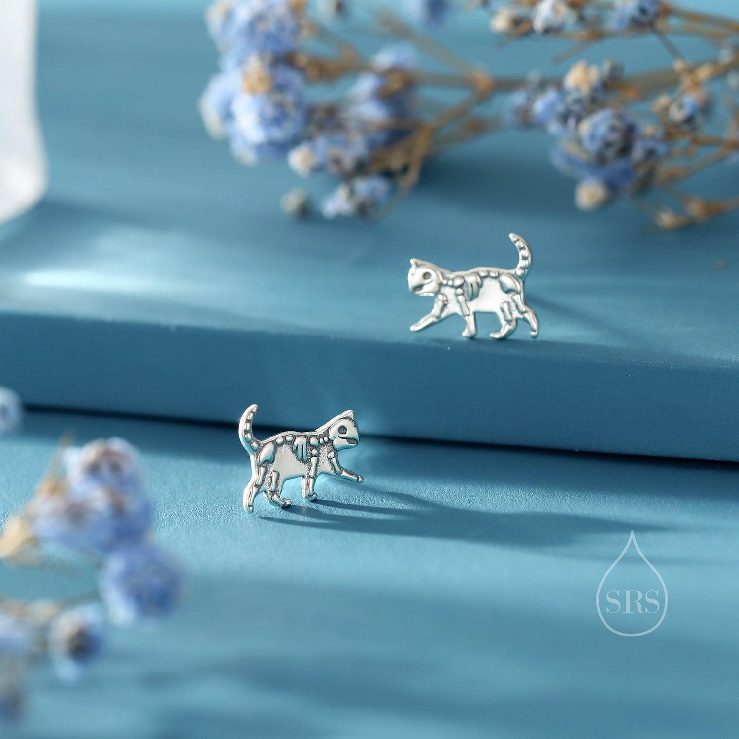 Cat Skeleton Stud Earrings in Sterling Silver, Quirky Cat Skeleton Earrings, Dainty and Tiny Earrings, Gift for a Cat Lover